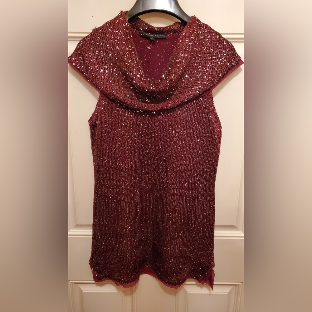 ANTONIO MELANI WINE SLEEVELESS SWEATER COWL NECK. AND SILVER SEQUINS. SZ. S.